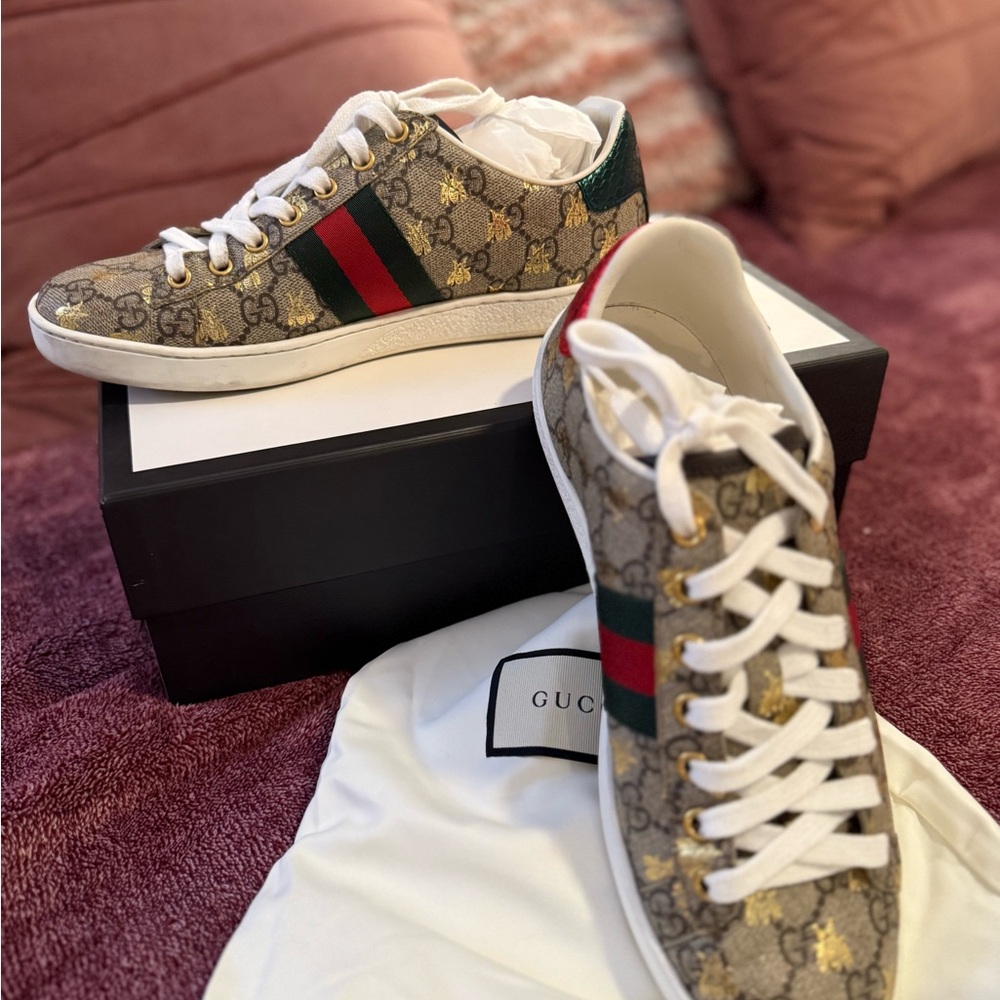 Gucci Monogram Sneakers with Red and Green Stripes